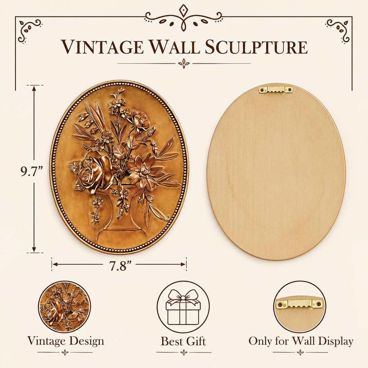 Floral Wall Art - Gold Embossed Oval Design