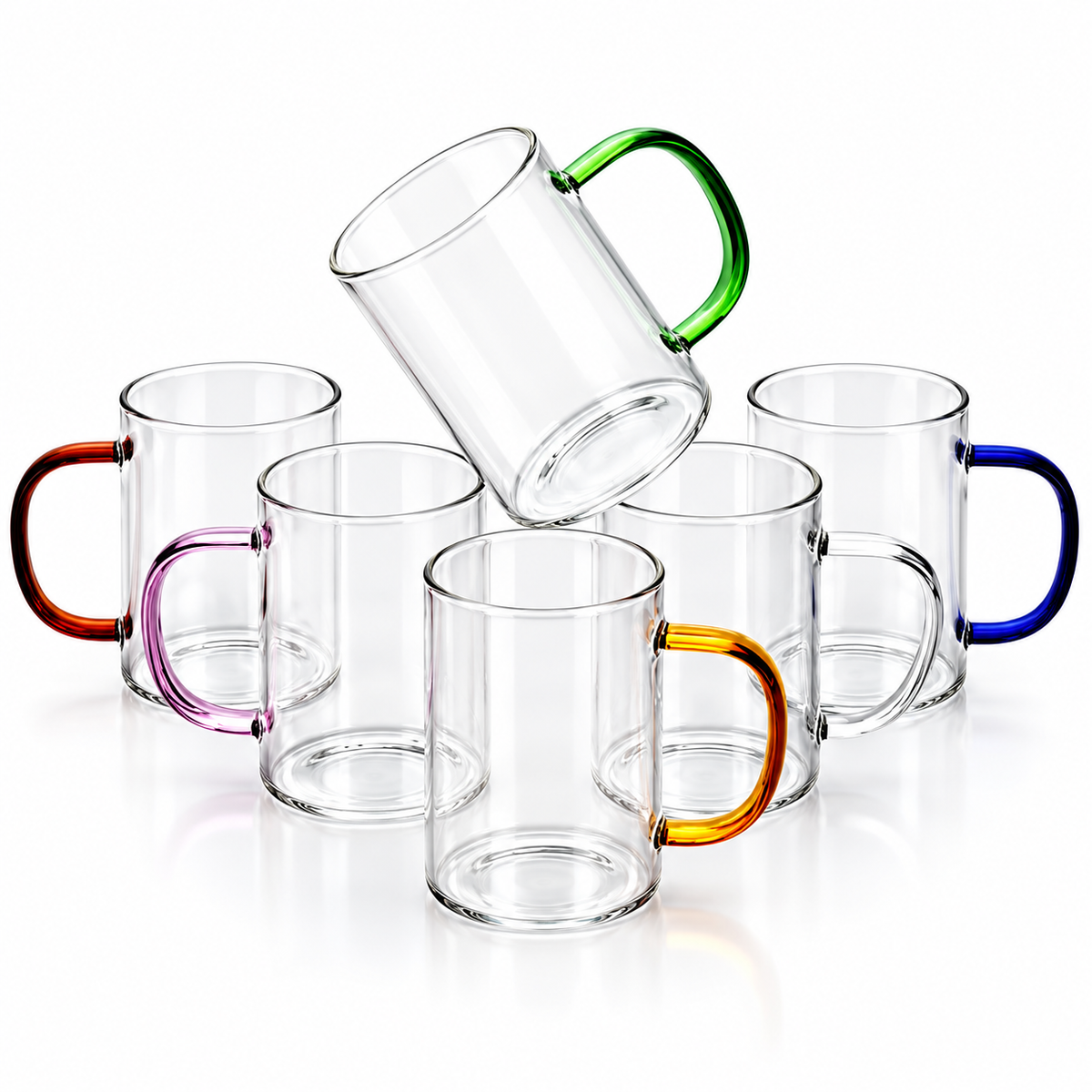 Glass Mug Set - 6 Colorful Handle Cups