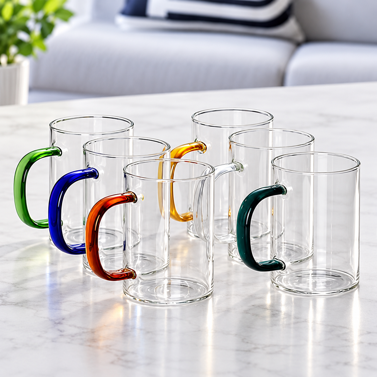 Glass Mug Set - 6 Colorful Handle Cups