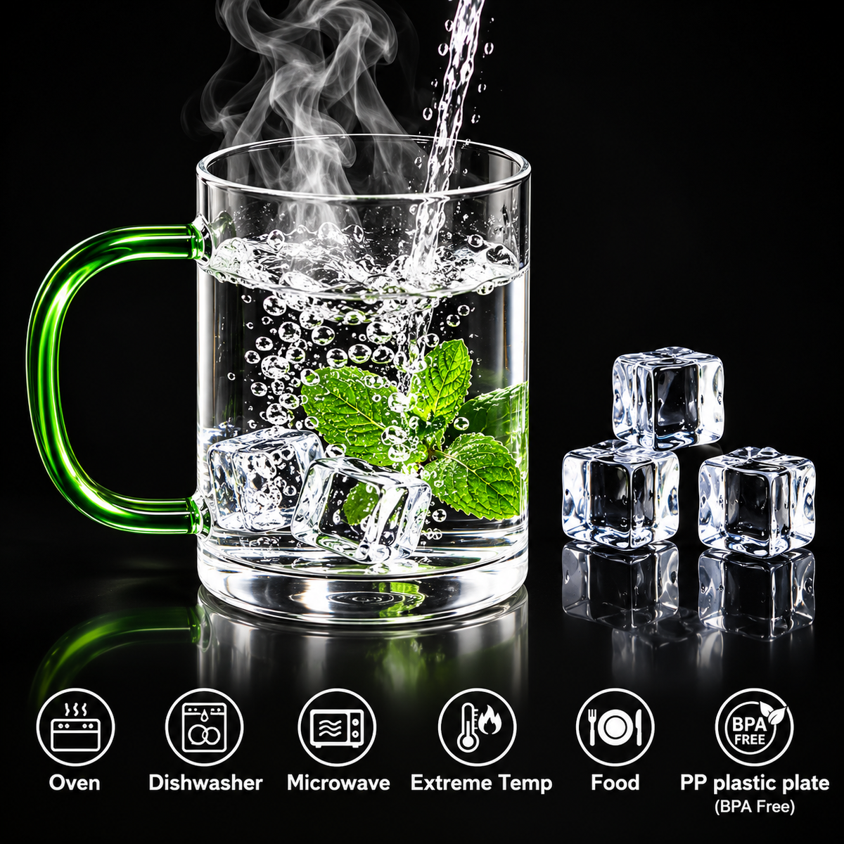 Glass Mug Set - 6 Colorful Handle Cups