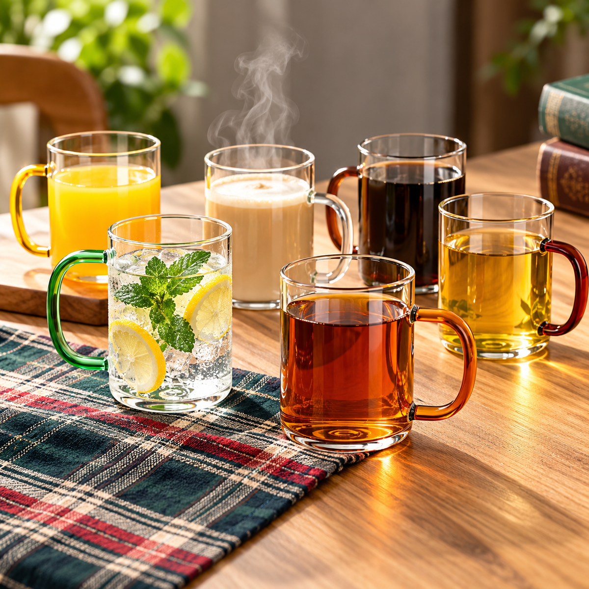 Glass Mug Set - 6 Colorful Handle Cups