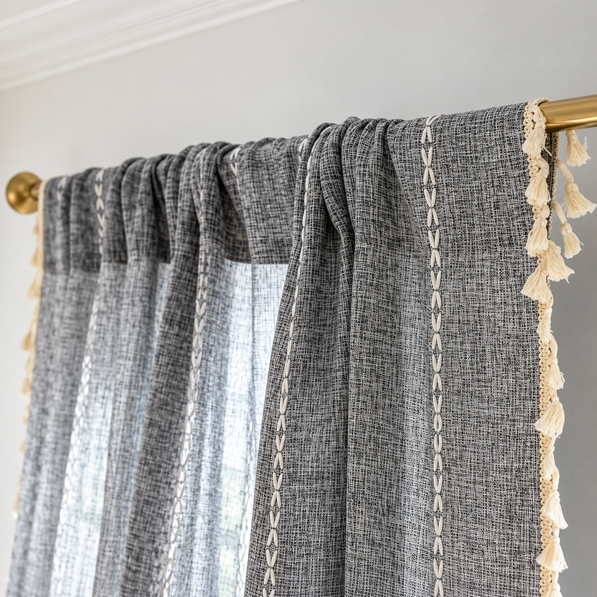 Gray Boho Tassel Curtain Panel