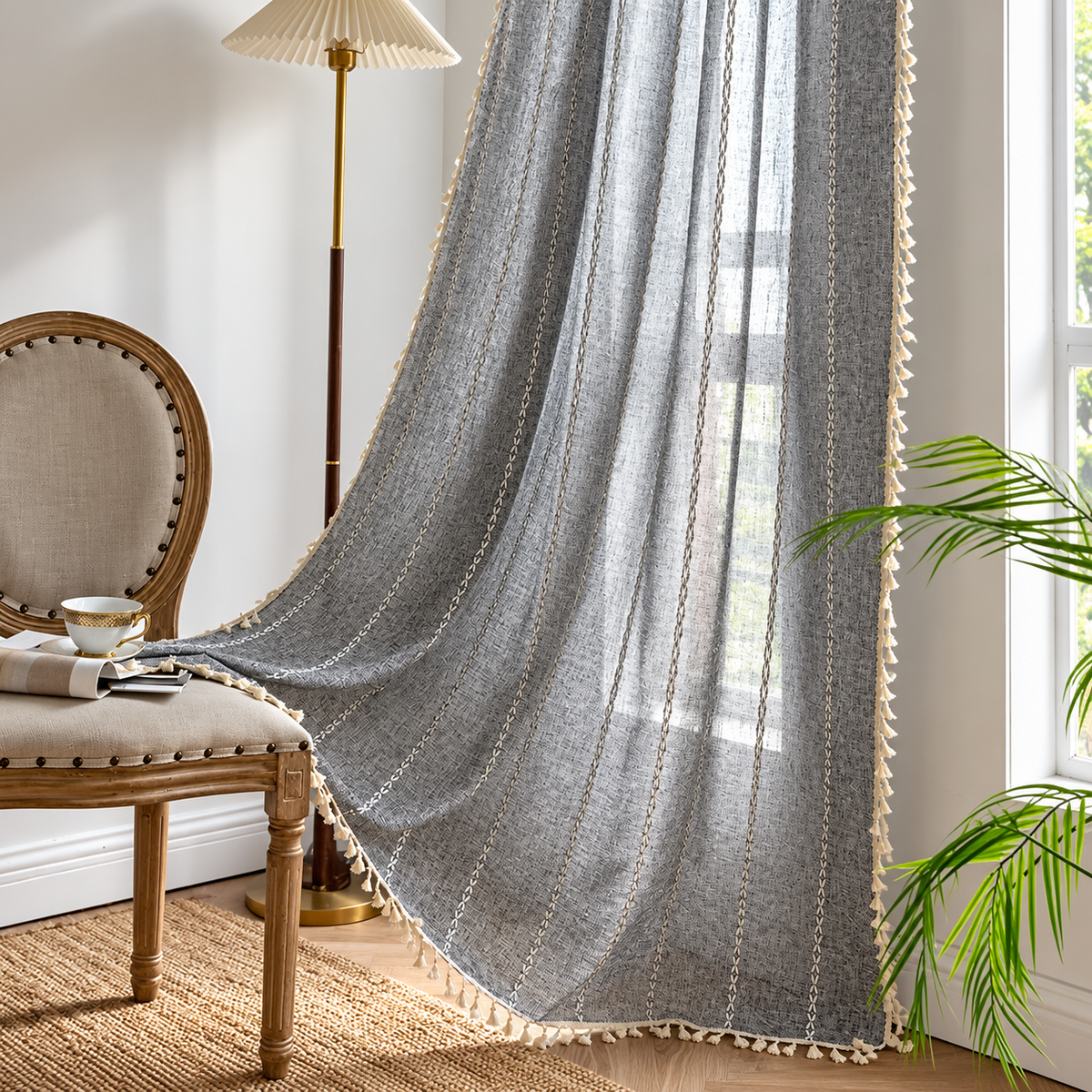 Gray Boho Tassel Curtain Panel