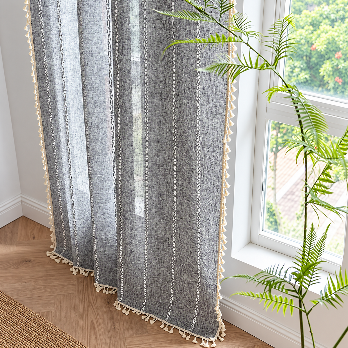 Gray Boho Tassel Curtain Panel