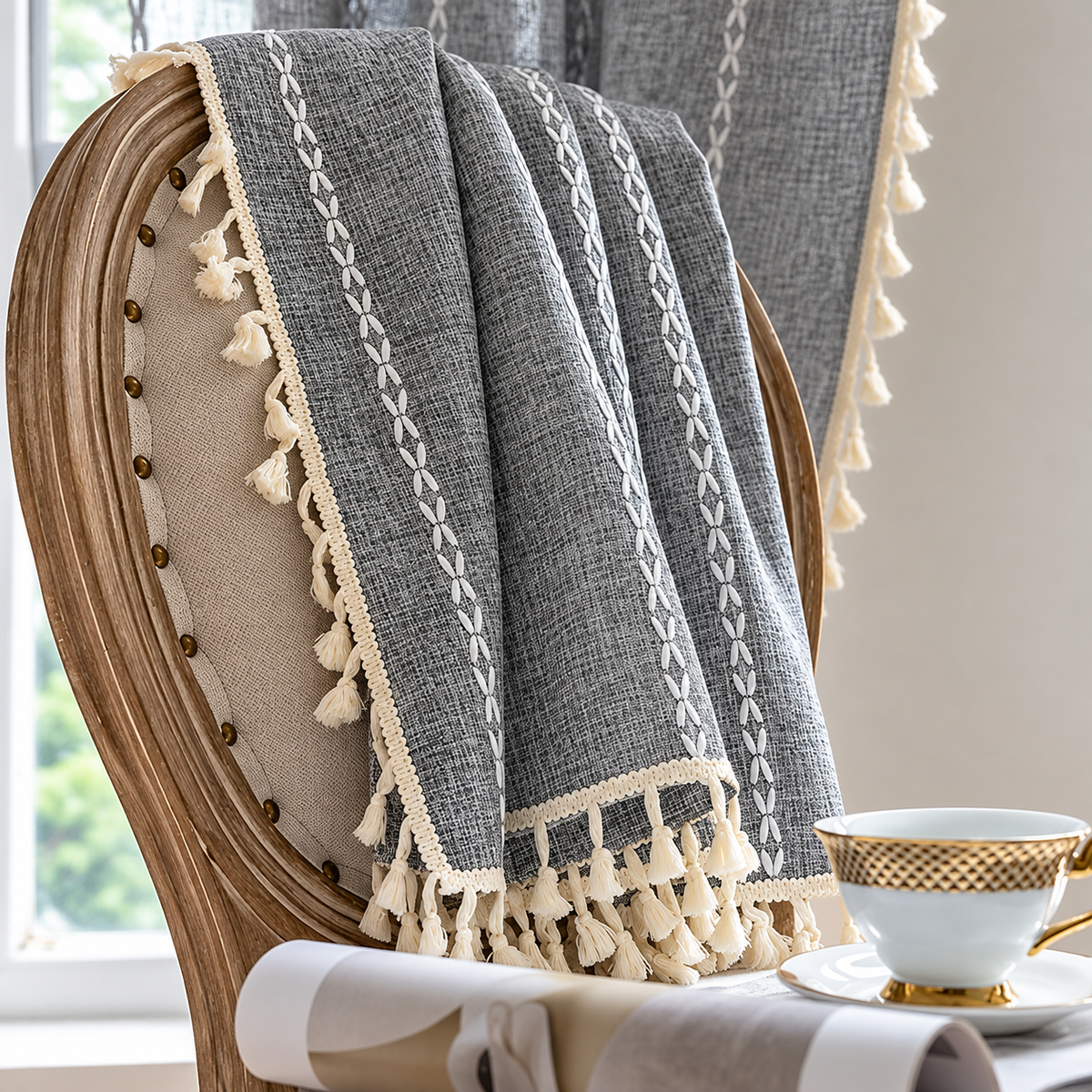 Gray Boho Tassel Curtain Panel