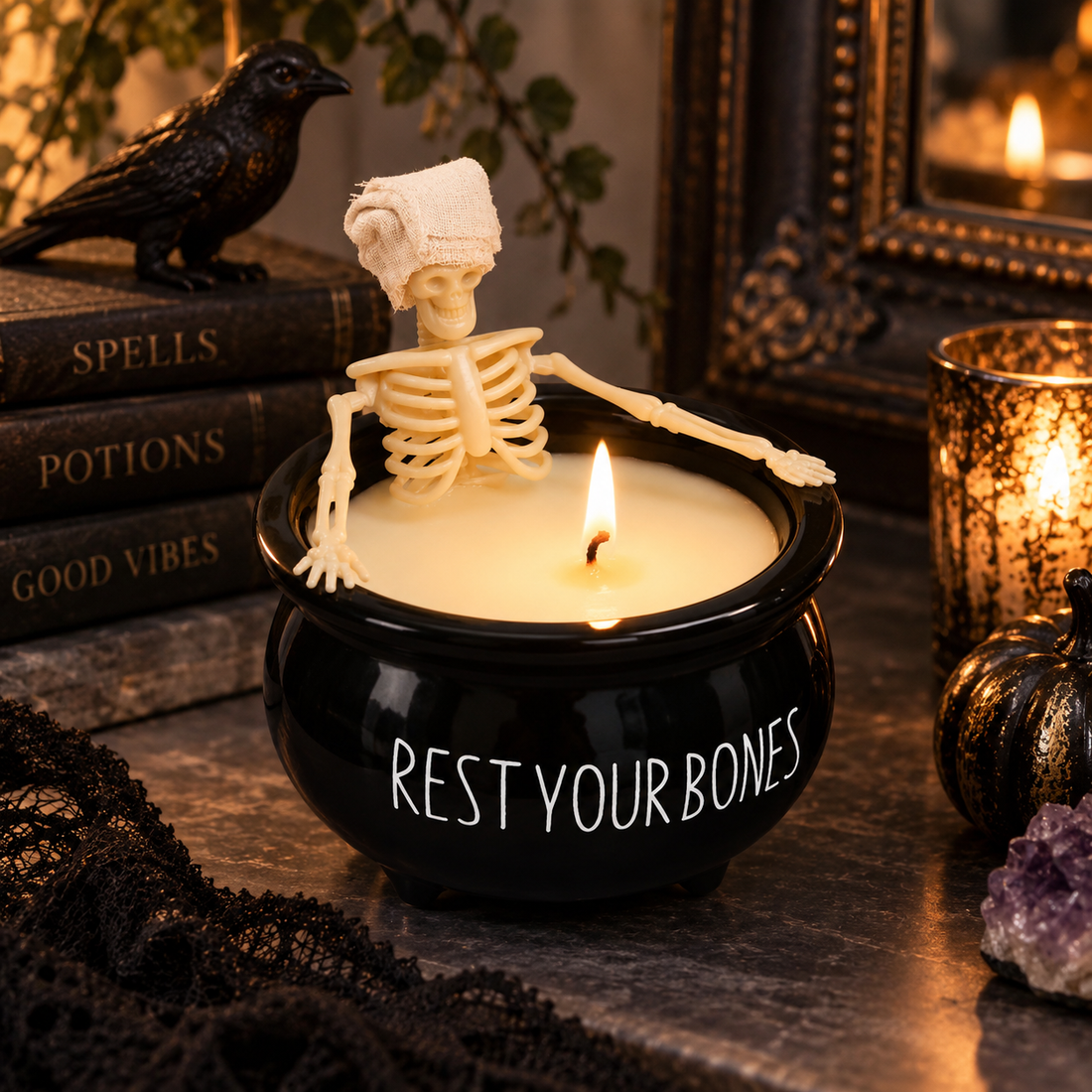 Halloween Skeleton Cauldron Candle