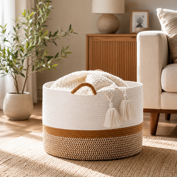Large 20-inch woven cotton rope storage basket for blankets and laundry
