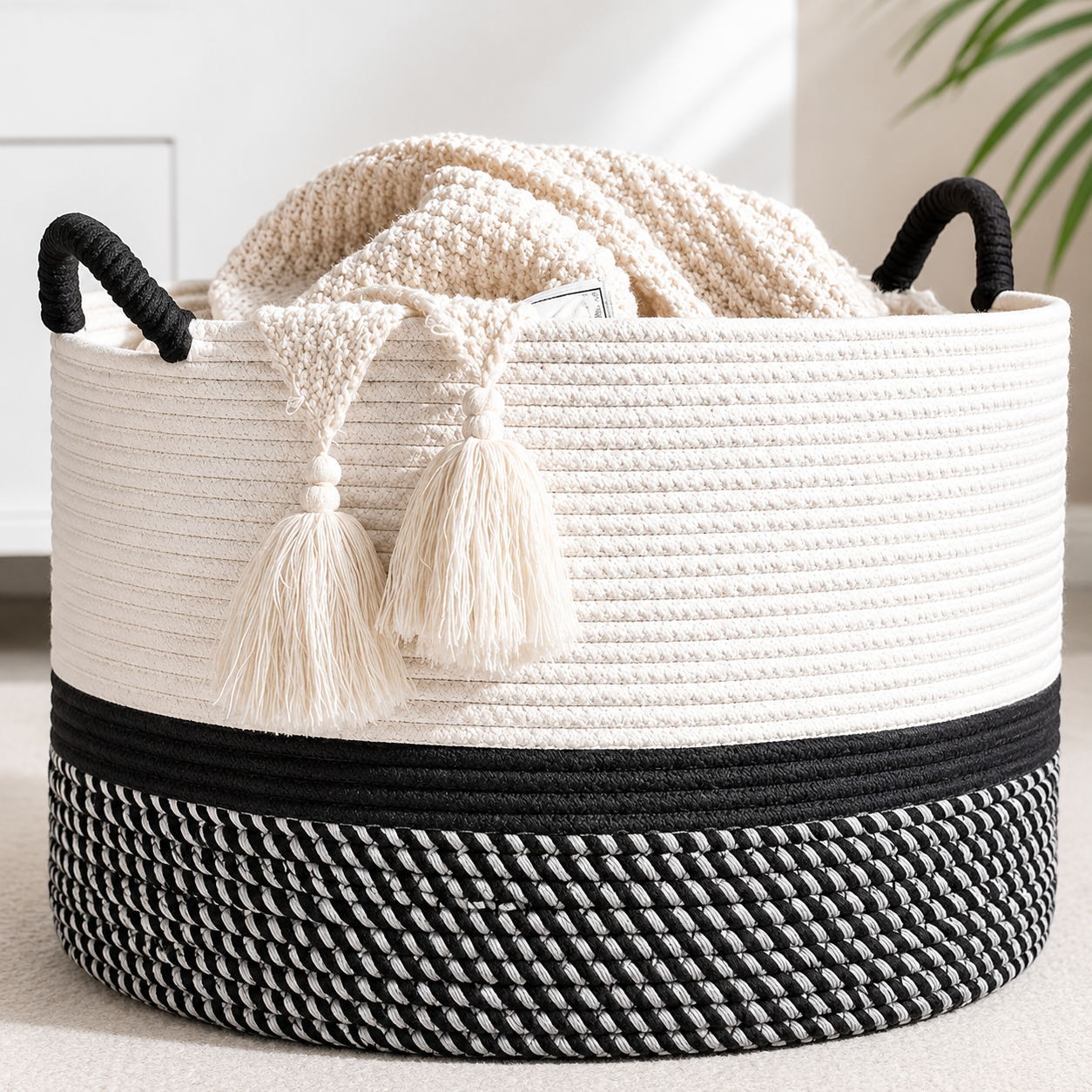 Large cotton rope basket for living room blanket storage