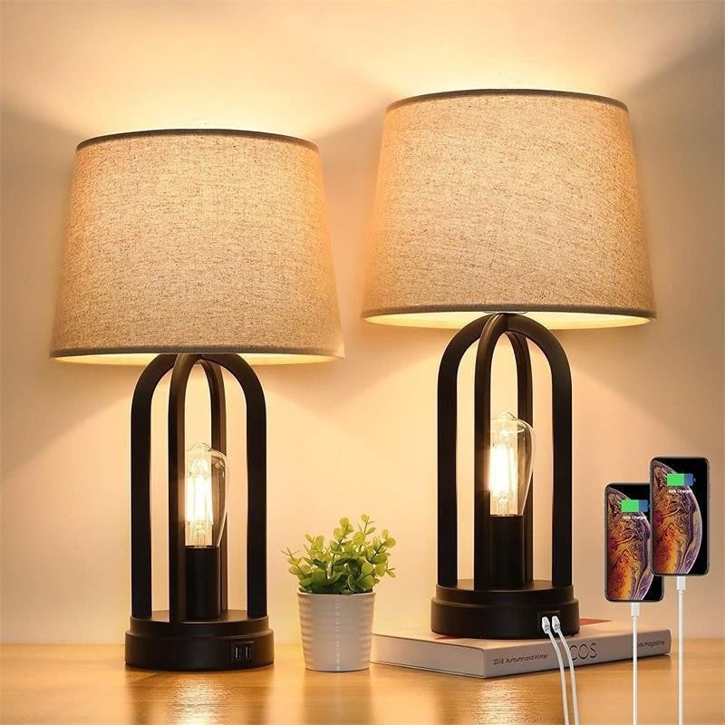 Simple Retro Bedside Lamps Set of 2 – Fabric Shades