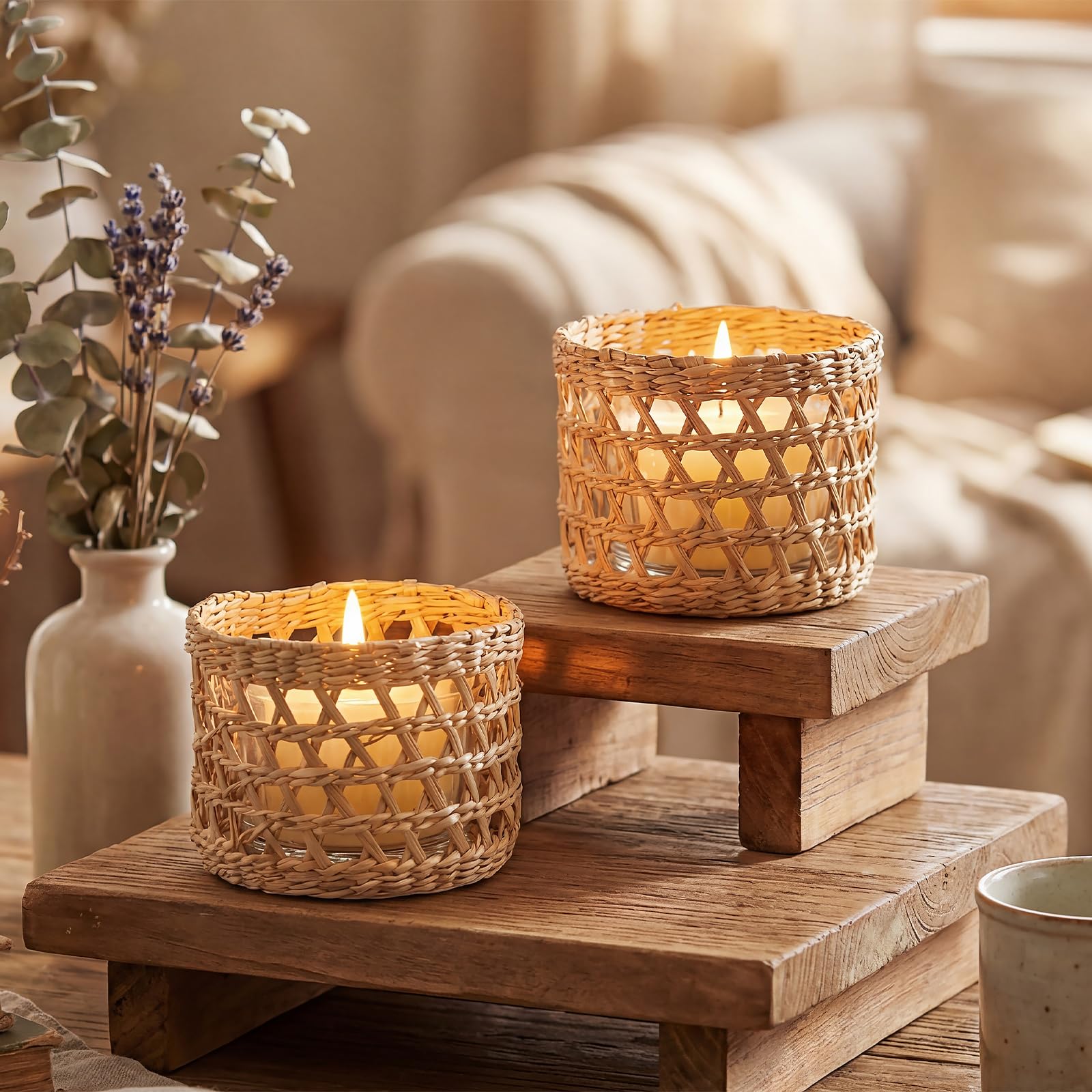 Woven Rattan Candle Holder Set