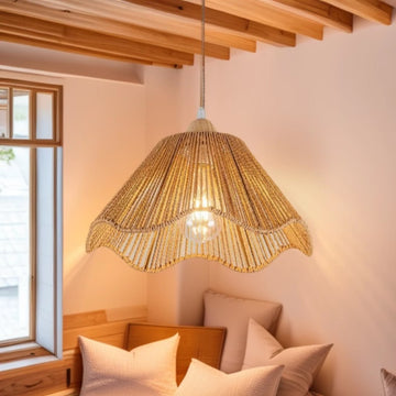 Boho Woven Rattan Pendant Light - Scalloped Shade