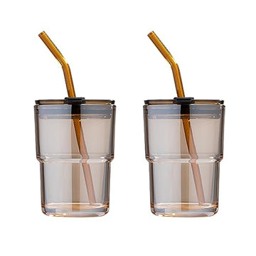 Amber Glass Tumblers - 2-Piece Straw & Lid Set