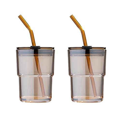 Amber Glass Tumblers - 2-Piece Straw & Lid Set