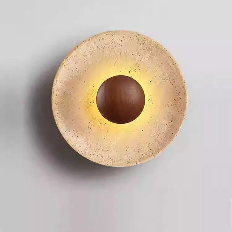 Travertine Round Wall Sconce with Wooden Accent