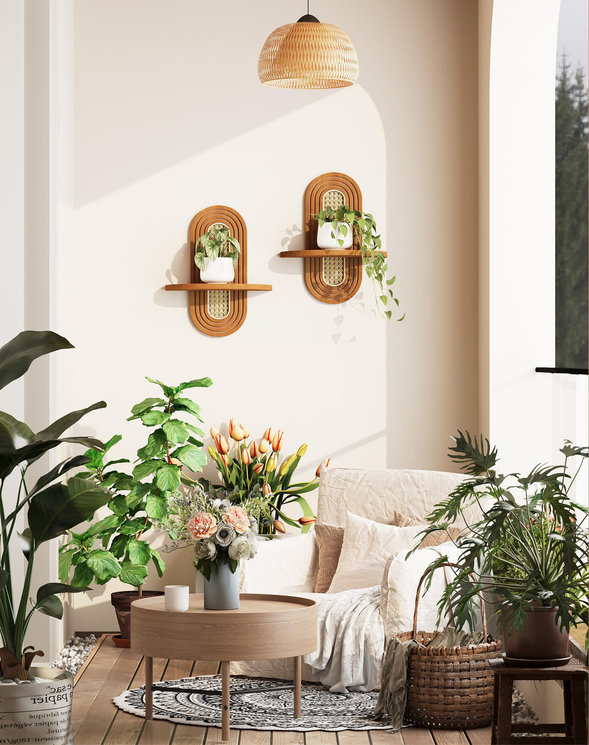 Arched Rattan Wall Shelf Set