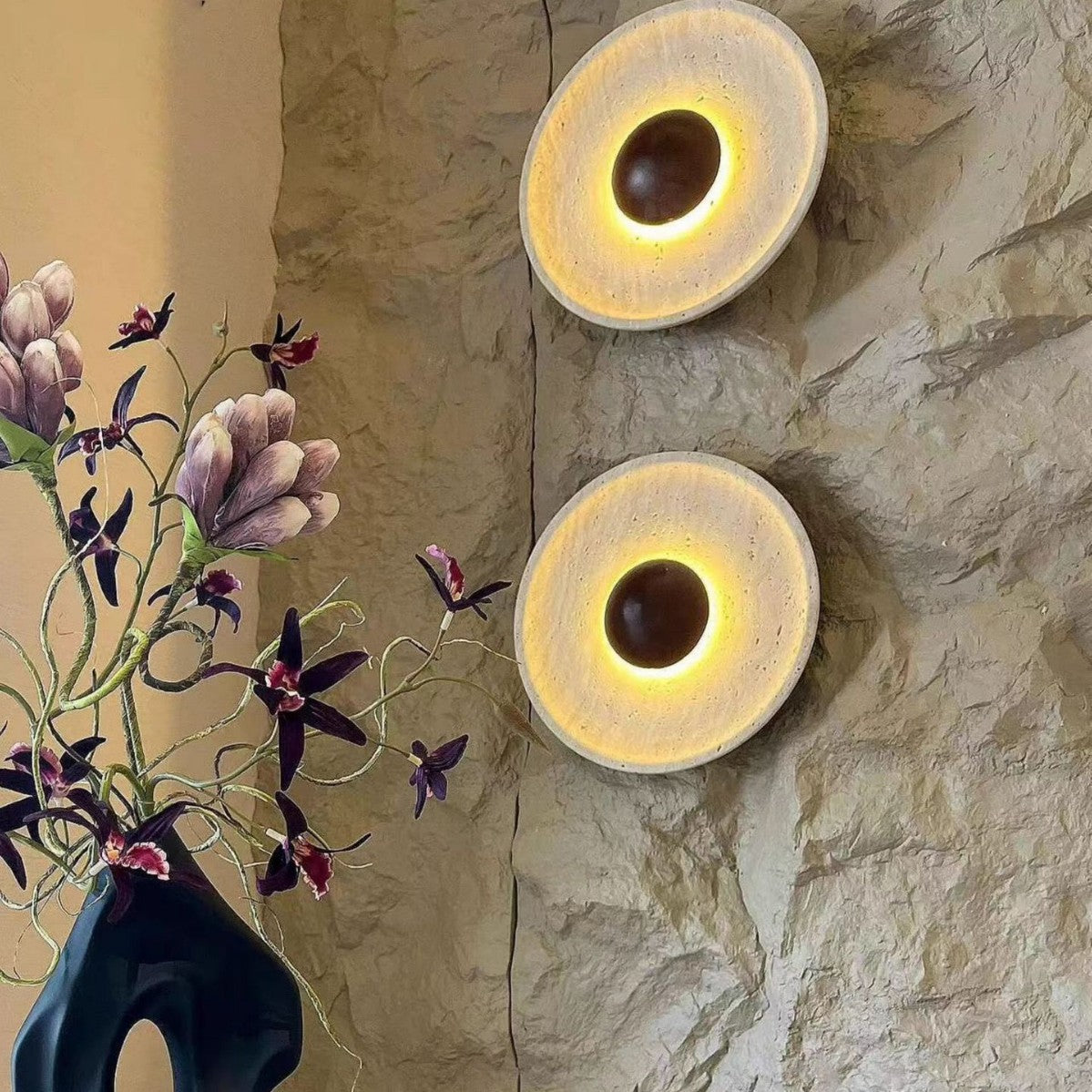 Travertine Round Wall Sconce with Wooden Accent