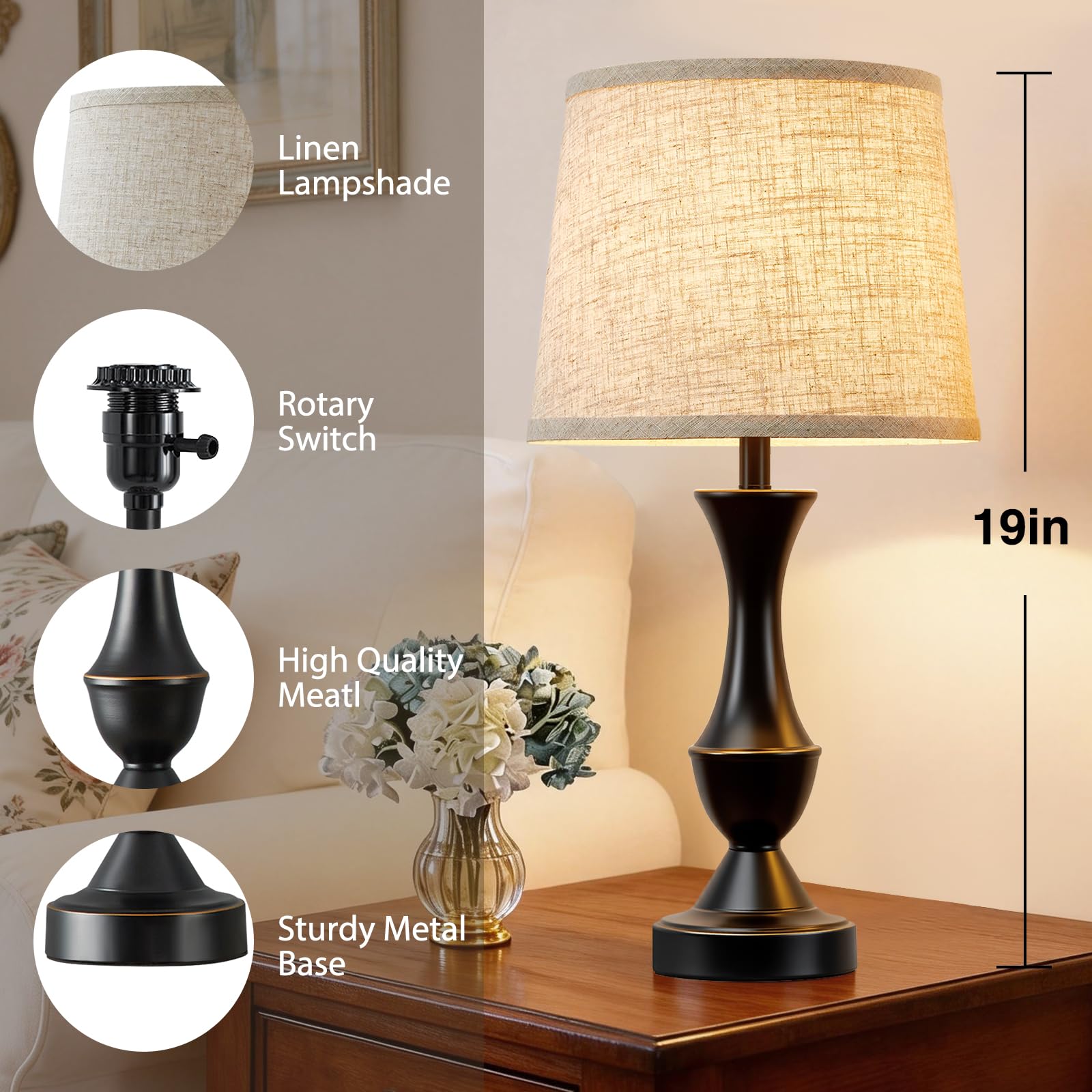 Vintage Farmhouse Bedside Lamp Set of 2