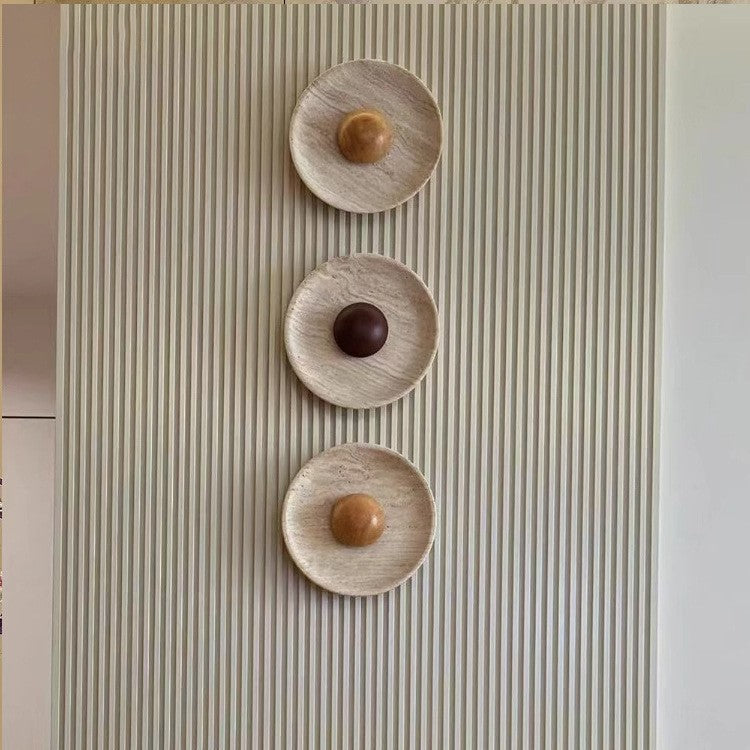 Travertine Round Wall Sconce with Wooden Accent