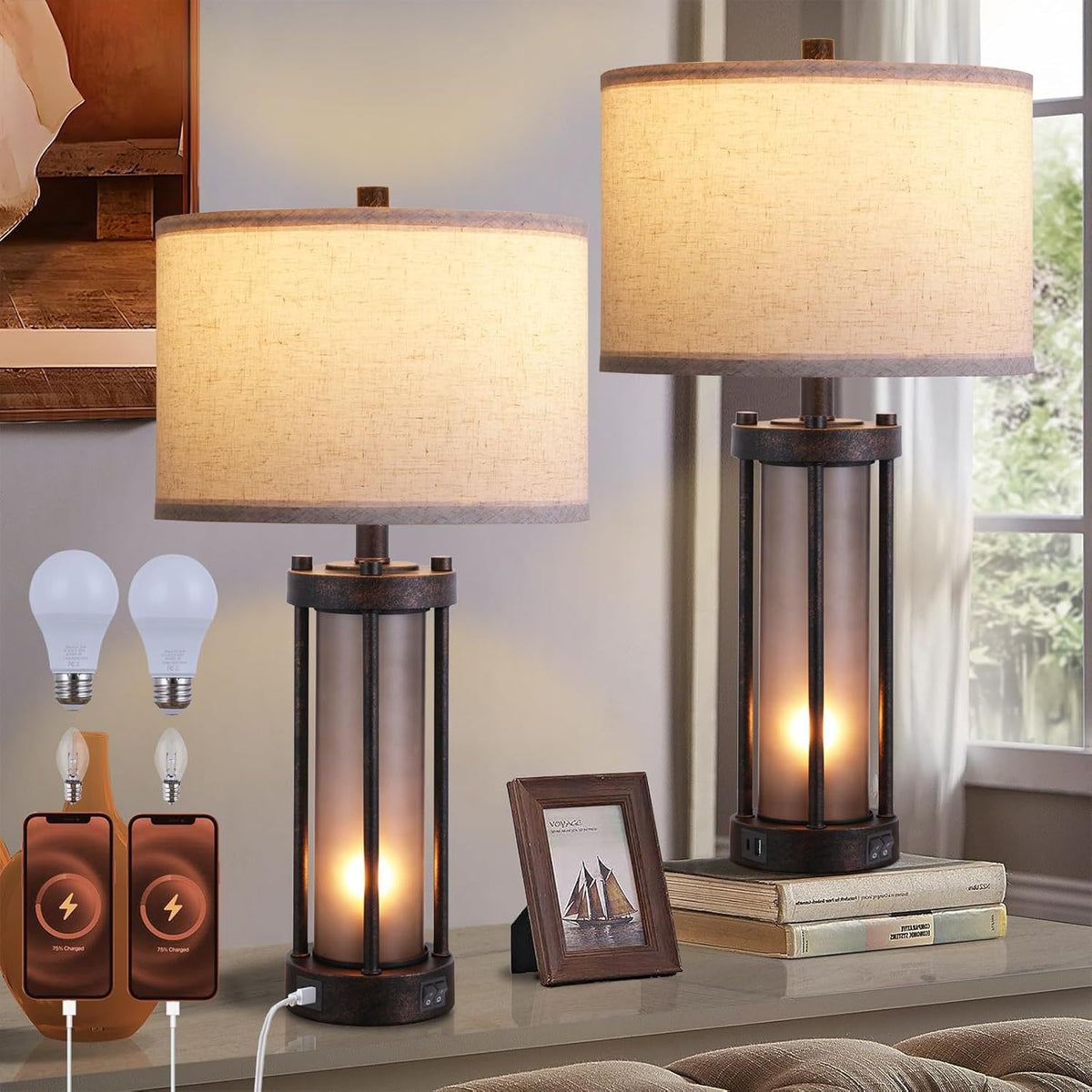 Column Lantern Table Lamps Set of 2