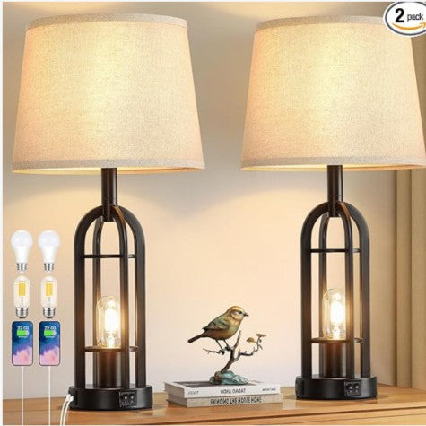 Simple Retro Bedside Lamps Set of 2 – Fabric Shades