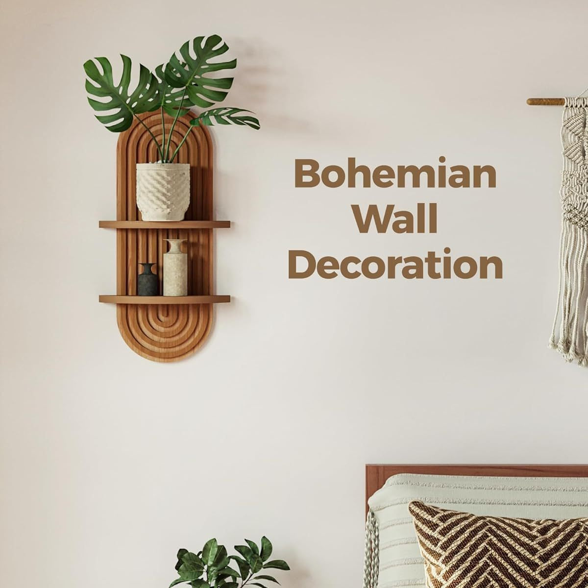 Boho Floating Wall Shelf - Wooden Plant Display