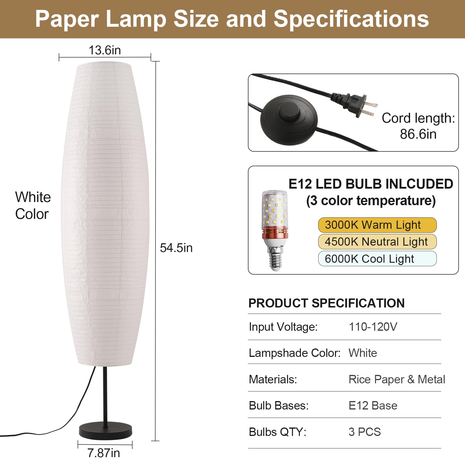 Japanese Rice Paper Floor Lamp - 3 Color Temperatures