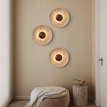 Travertine Round Wall Sconce with Wooden Accent
