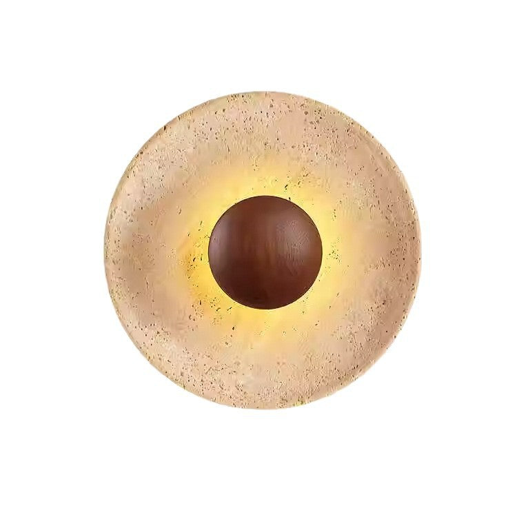 Travertine Round Wall Sconce with Wooden Accent