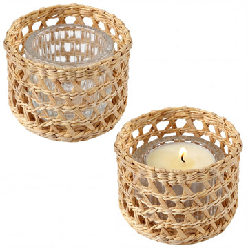 Woven Rattan Candle Holder Set