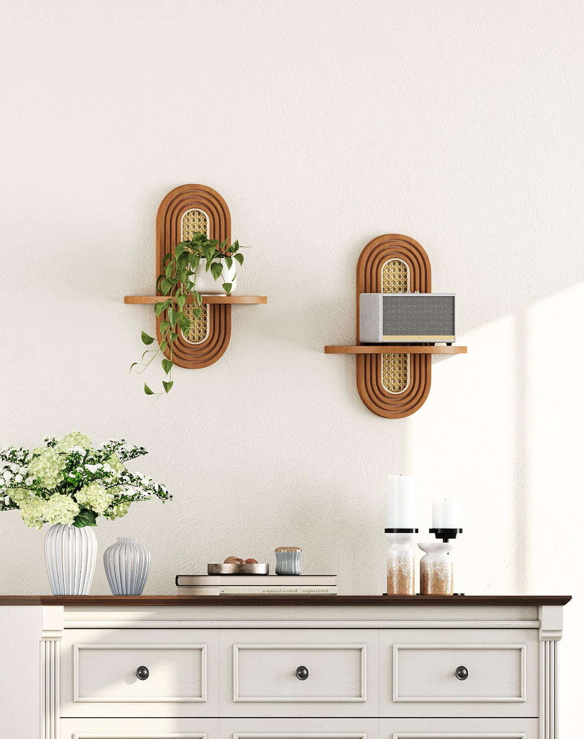 Arched Rattan Wall Shelf Set