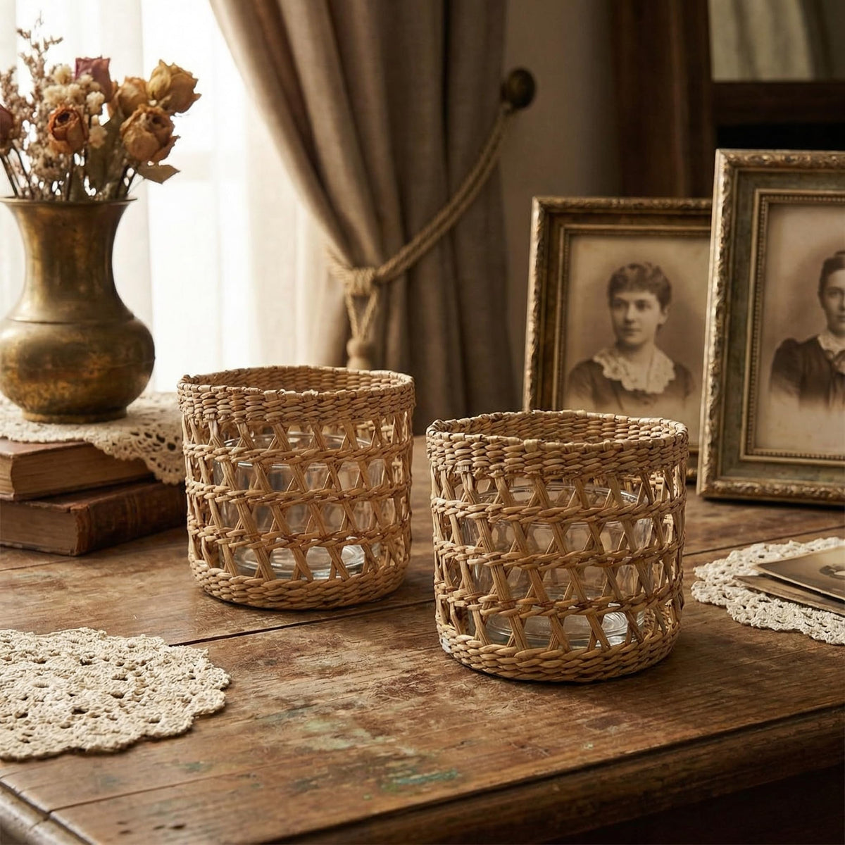 Woven Rattan Candle Holder Set