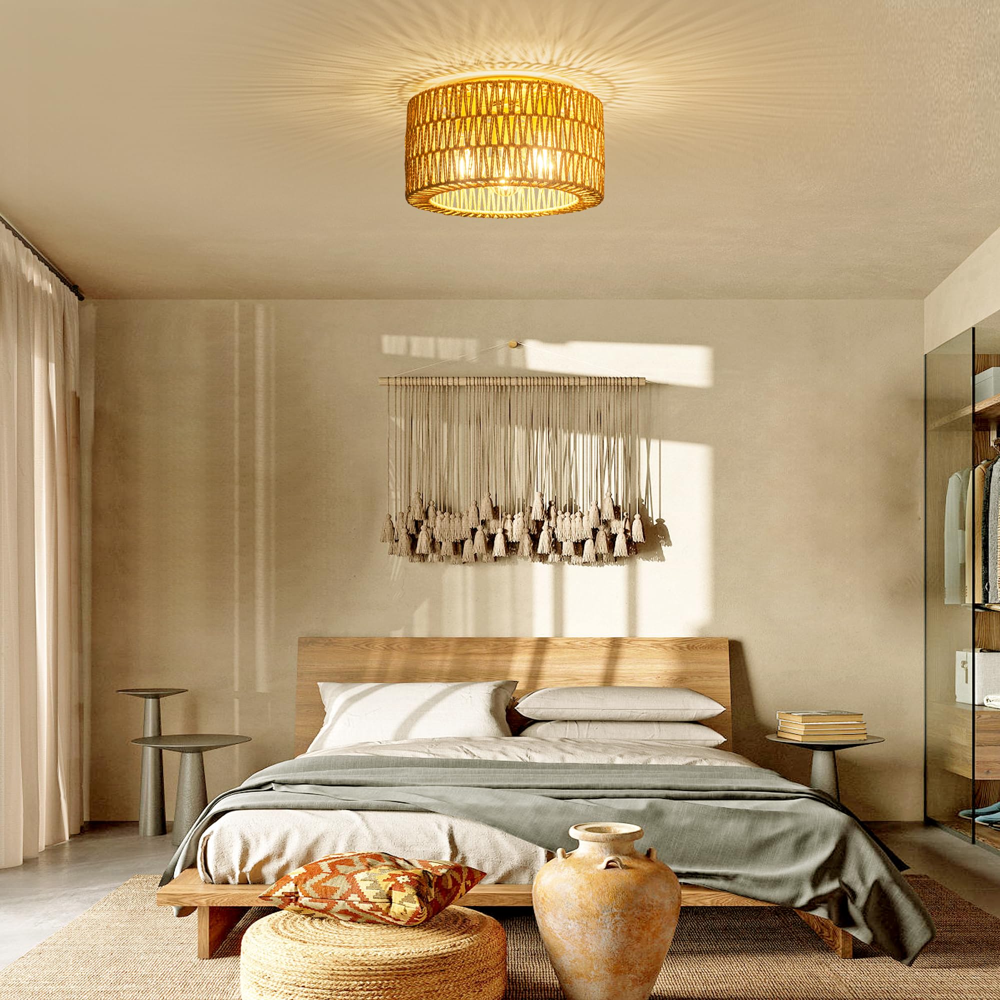 French Rattan Flush Mount Ceiling Light