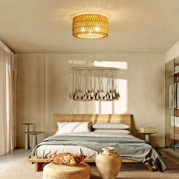 French Rattan Flush Mount Ceiling Light