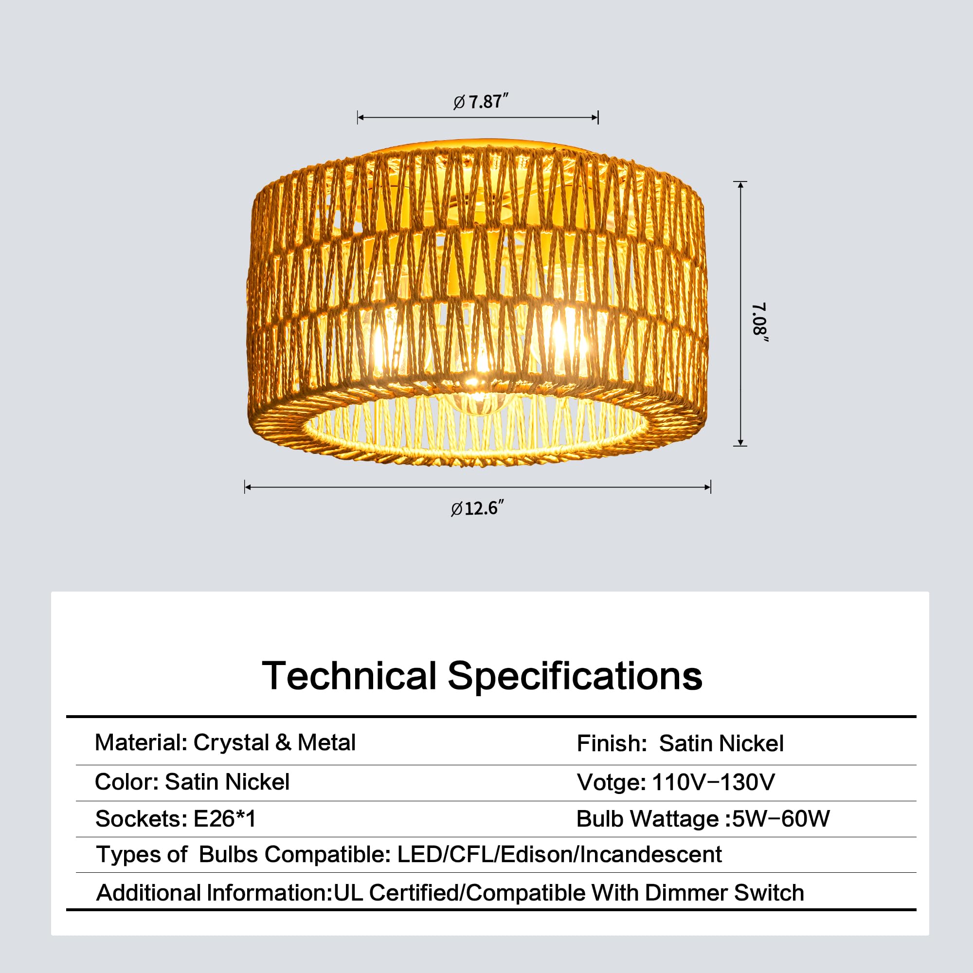 French Rattan Flush Mount Ceiling Light