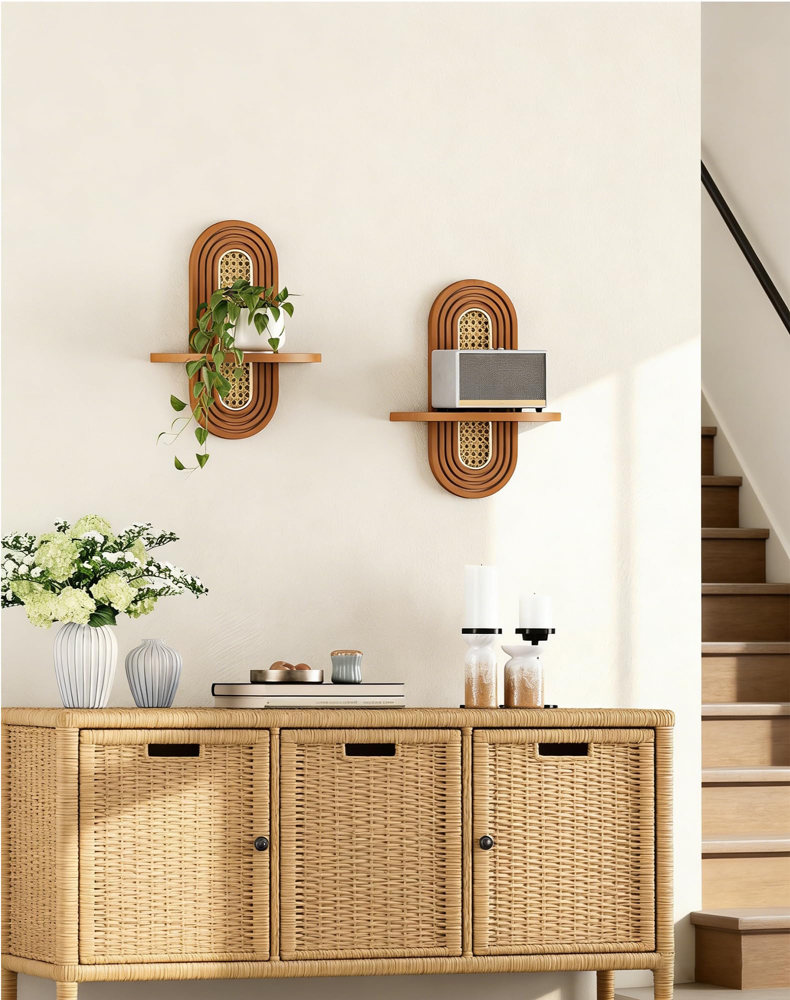 Arched Rattan Wall Shelf Set