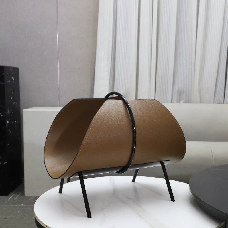 Modern Minimalist Metal & Leather Magazine Rack