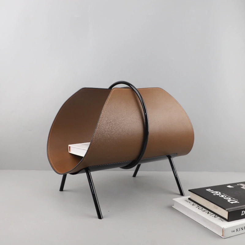 Modern Minimalist Metal & Leather Magazine Rack