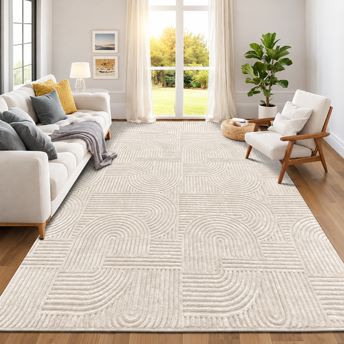 Modern Beige Area Rug - Geometric Arch Pattern