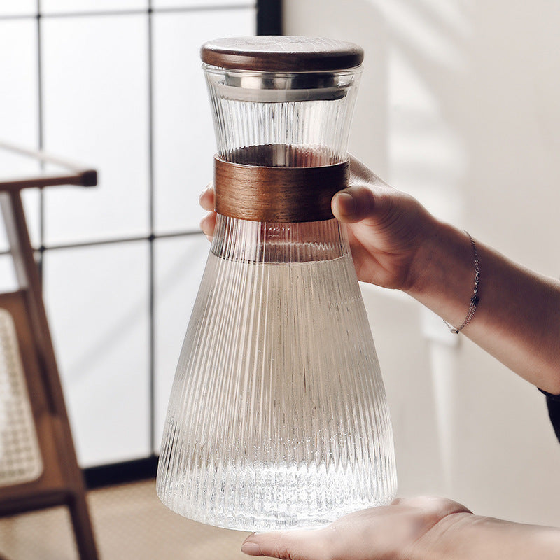 Ribbed Glass Carafe with Wooden Lid — 1.5L Water Pitcher