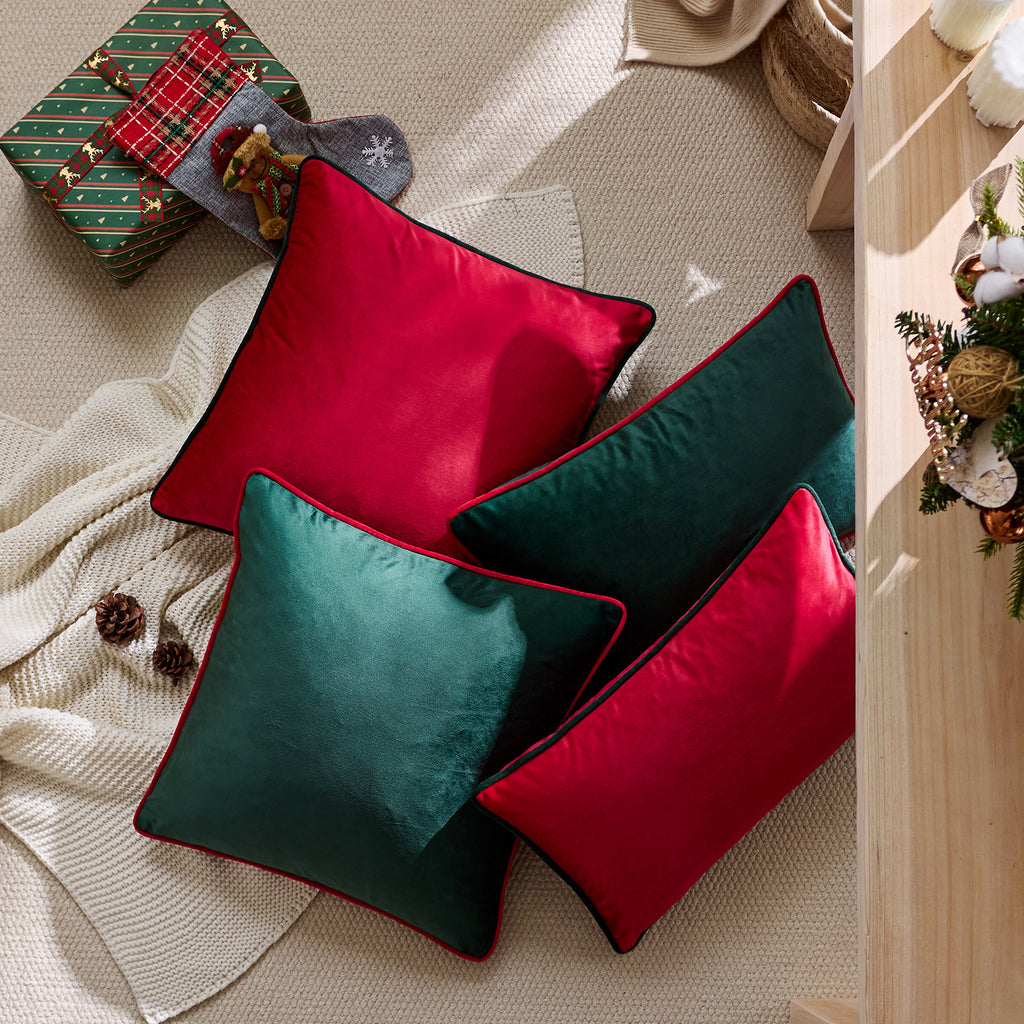 Velvet Christmas Cushion Cover – Red & Green with Contrast Piping