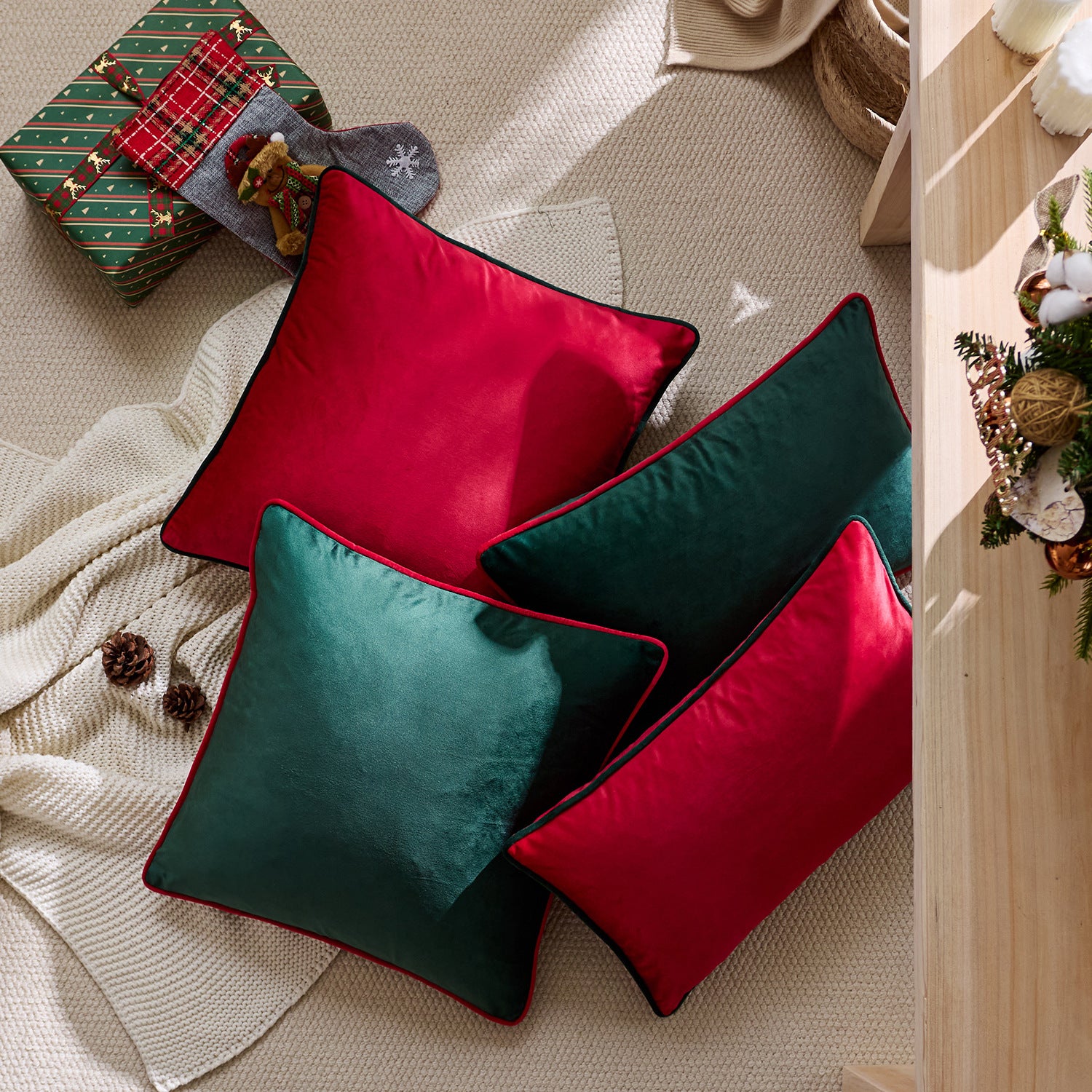 Velvet Christmas Cushion Cover – Red & Green with Contrast Piping