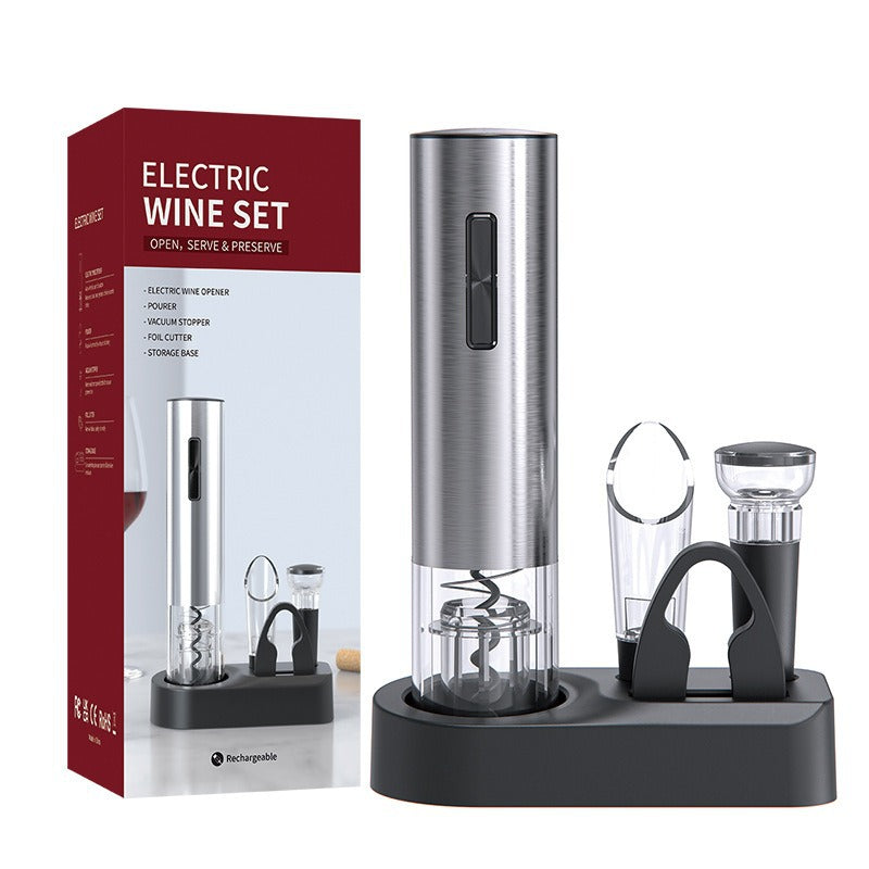 Electric Wine Opener Set 4-in-1 Rechargeable Stainless Steel with Vacuum Stopper, Pourer and Foil Cutter