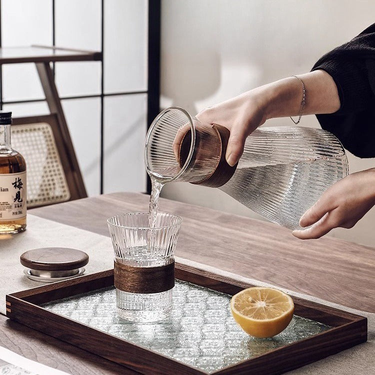 Ribbed Glass Carafe with Wooden Lid — 1.5L Water Pitcher