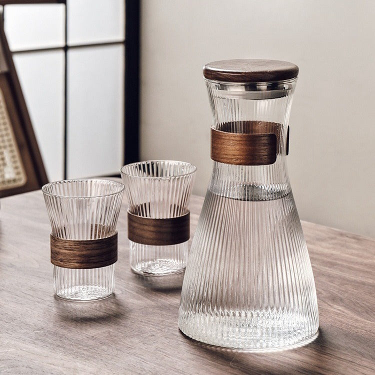 Ribbed Glass Carafe with Wooden Lid — 1.5L Water Pitcher
