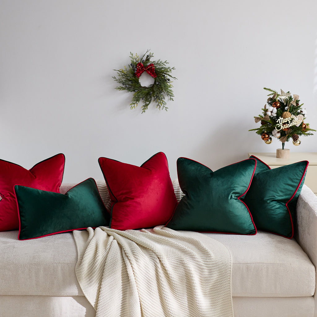 Velvet Christmas Cushion Cover – Red & Green with Contrast Piping