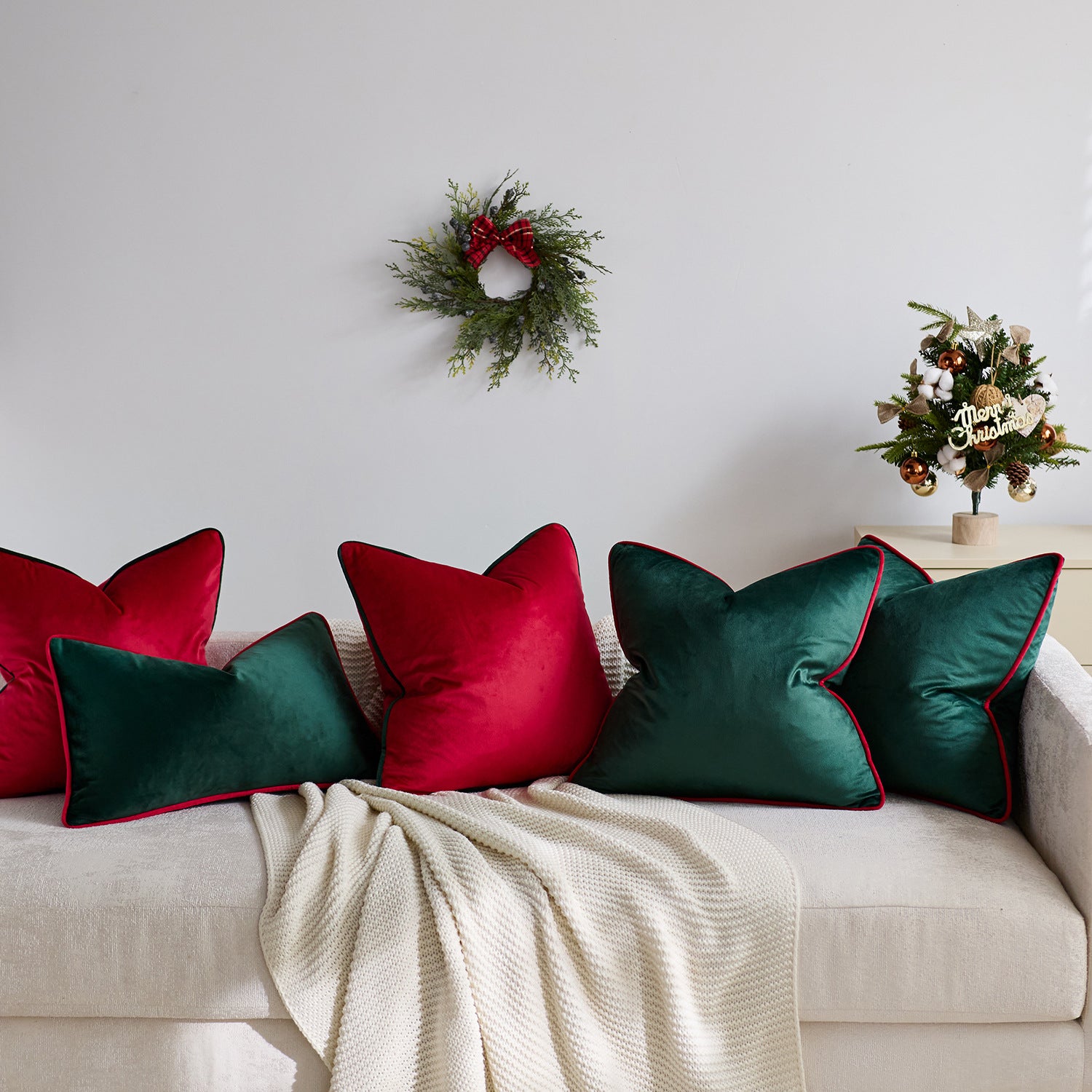 Velvet Christmas Cushion Cover – Red & Green with Contrast Piping
