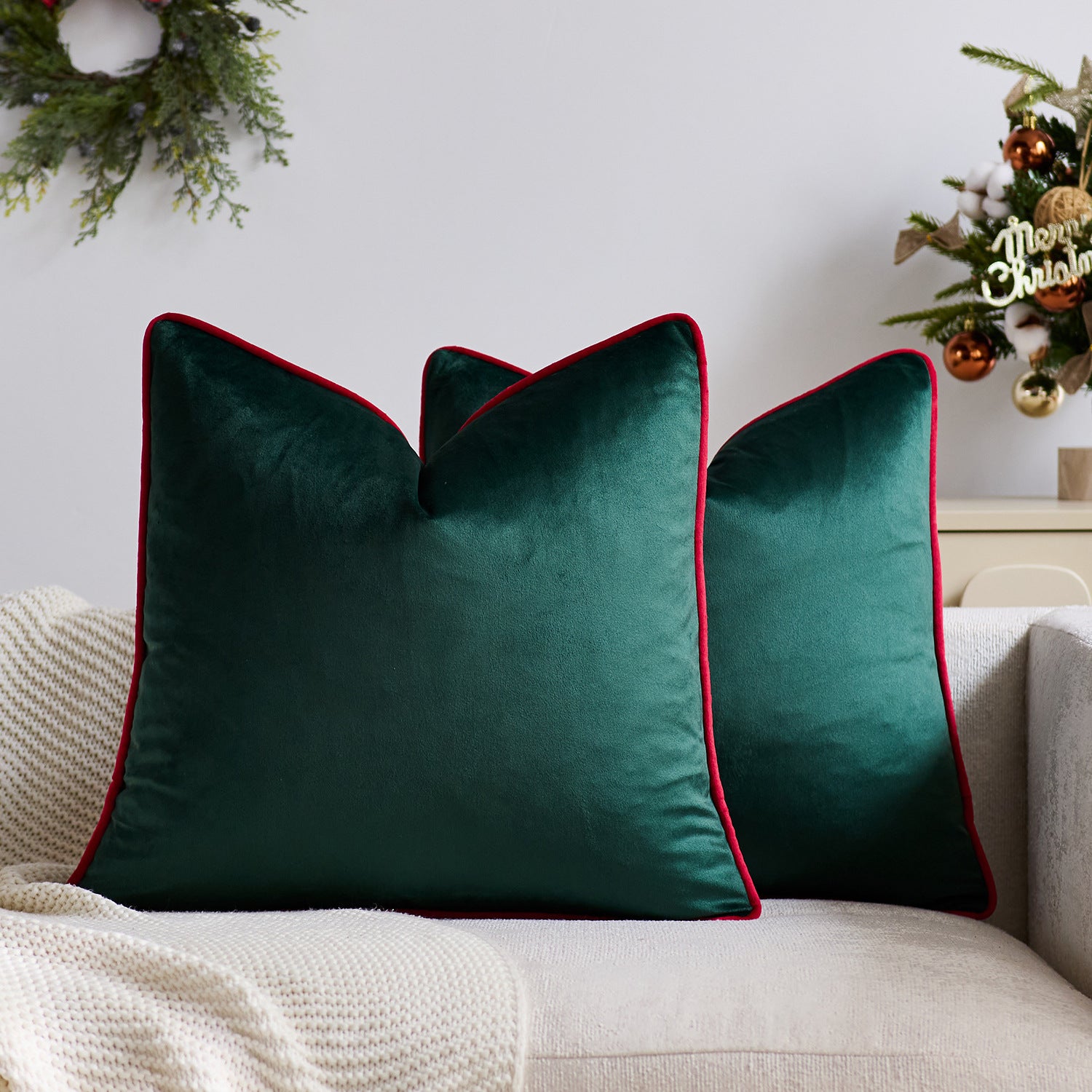 Velvet Christmas Cushion Cover – Red & Green with Contrast Piping