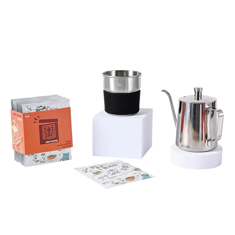 Stainless Steel Coffee Gift Set | Travel Drip Cup, Gooseneck Kettle & Filters