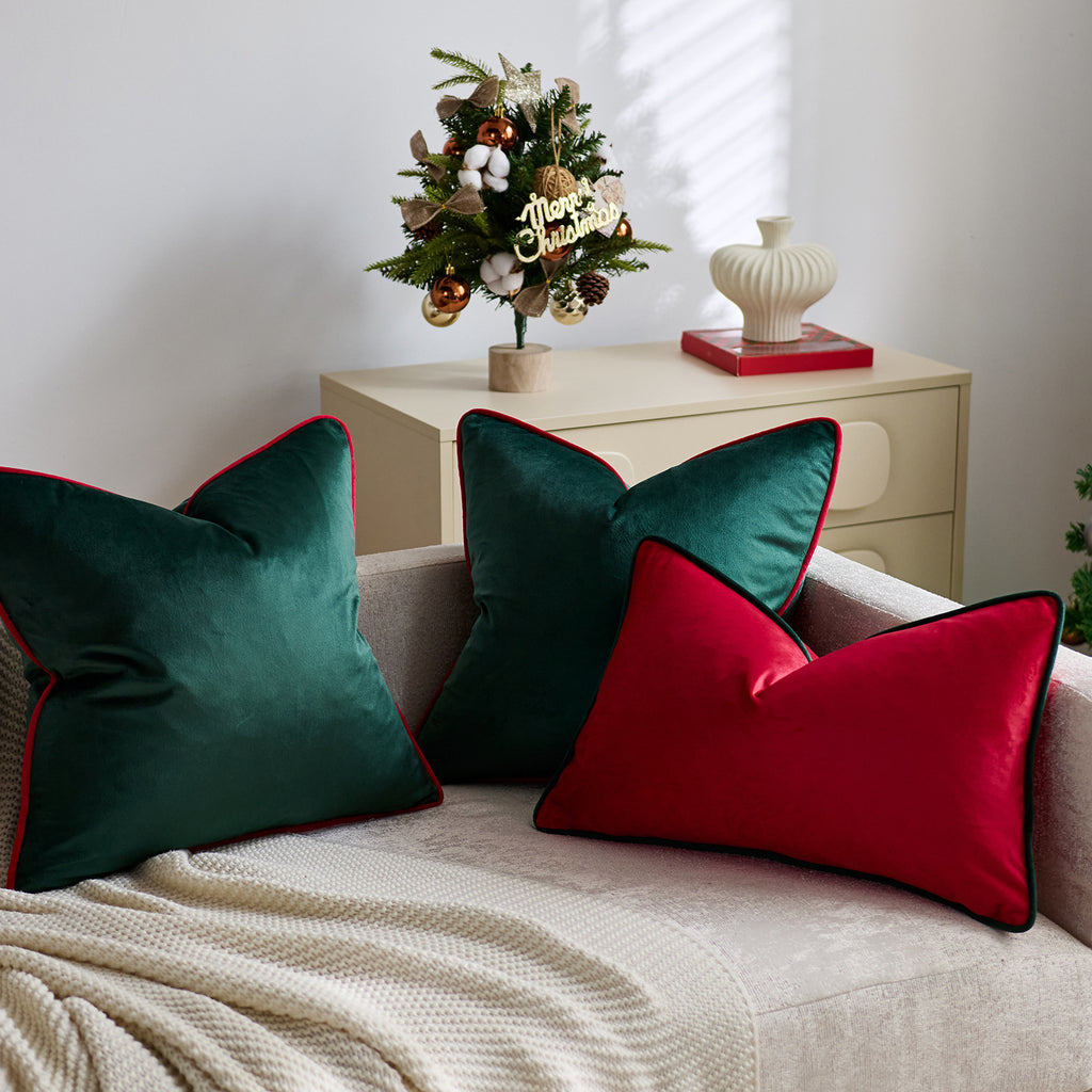 Velvet Christmas Cushion Cover – Red & Green with Contrast Piping