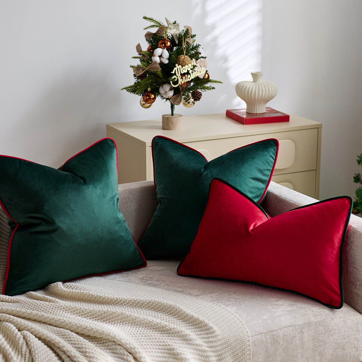 Velvet Christmas Cushion Cover – Red & Green with Contrast Piping